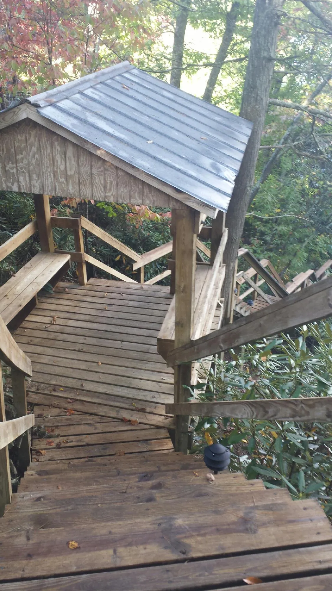Metal roofed shelter over wooden steps on a wooded walkway — Skylight Repair & Installation work by our crew in Stilwell
